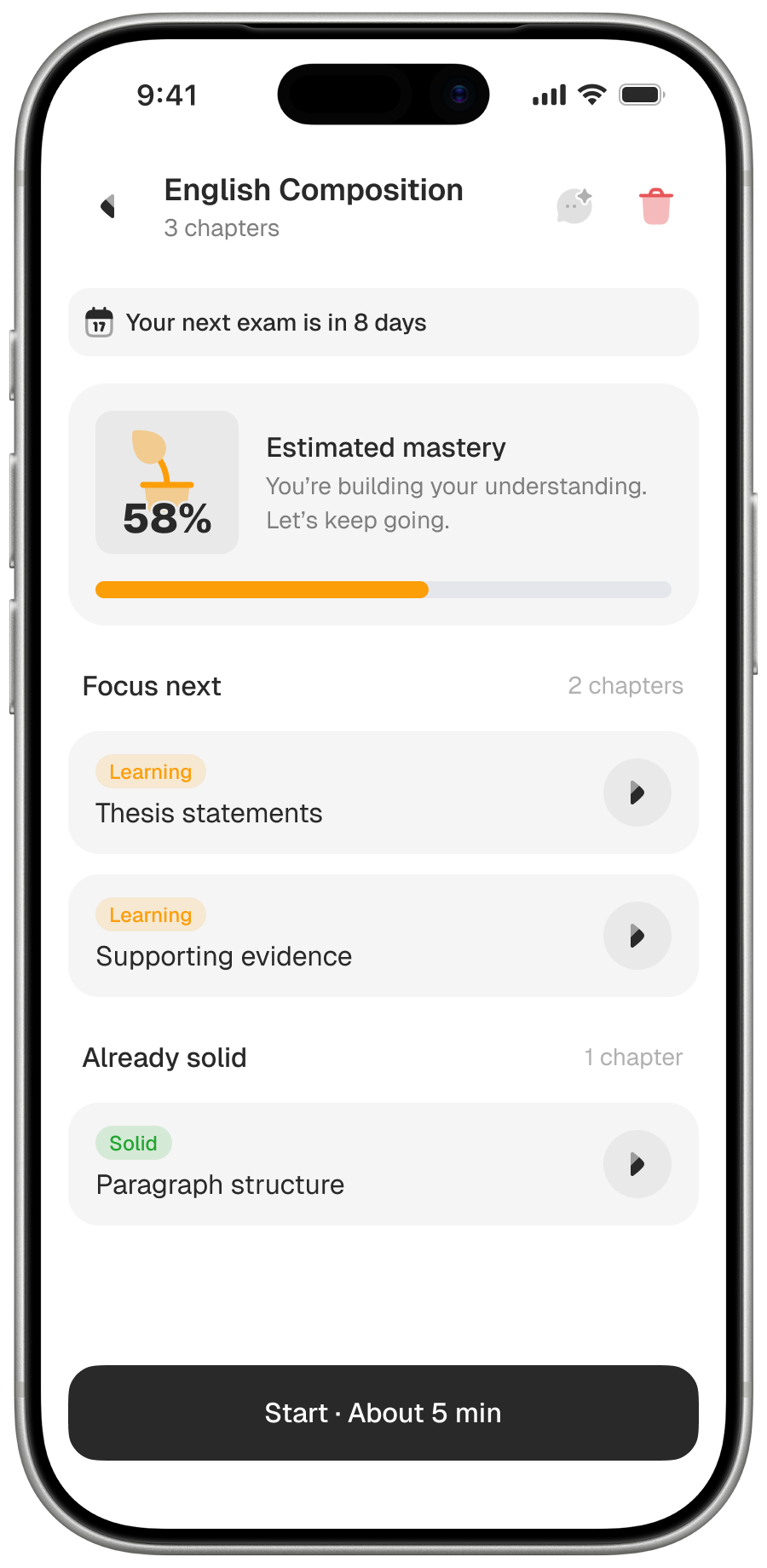 Kaademi showing estimated mastery for English Composition and the next topics to focus on.