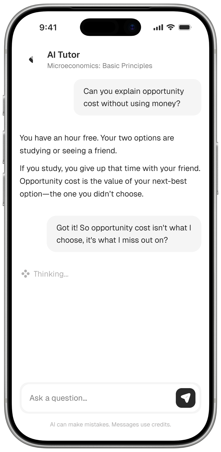 Kaademi AI Tutor explaining opportunity cost using the choice between studying and seeing a friend.